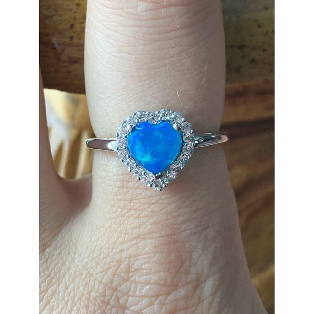 Blue Ethiopian Opal Sterling Silver Heart Ring Size 7.75